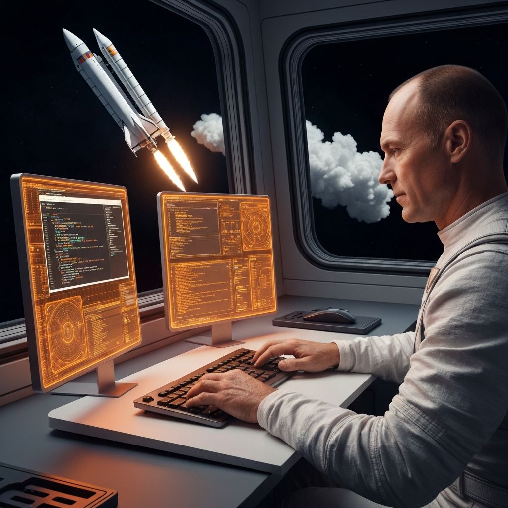 Astronaut coding futuristic website with holographic interface