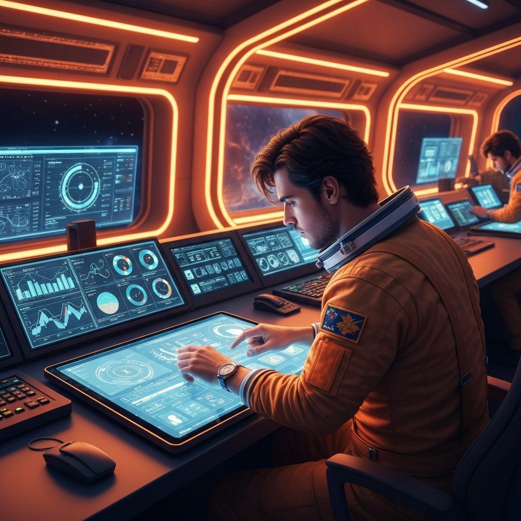 Space mission control center with digital marketing dashboards