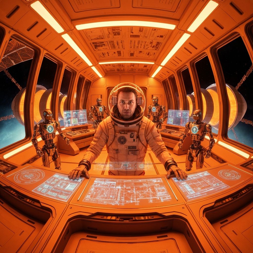 Astronaut managing automated workflows in orbital workspace